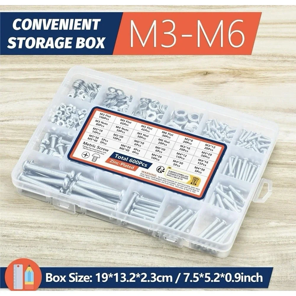 600Pcs Screws Bolts Nuts Assortment Kit Metric Screws and Flat Washers Head Sets
